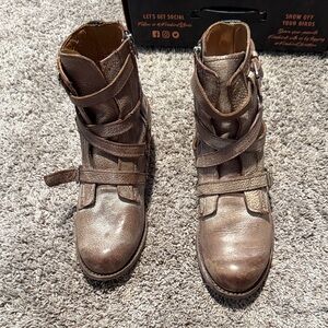 freebird Taupe-Brown Leather Wrap-Strap Ankle Boots